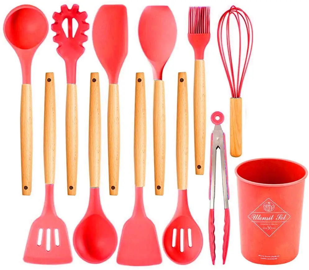 Kitchen Utensil Set, Silicone Cooking Utensils 12 Pcs Kitchen Tools with Natural Wooden Handles for Home Household