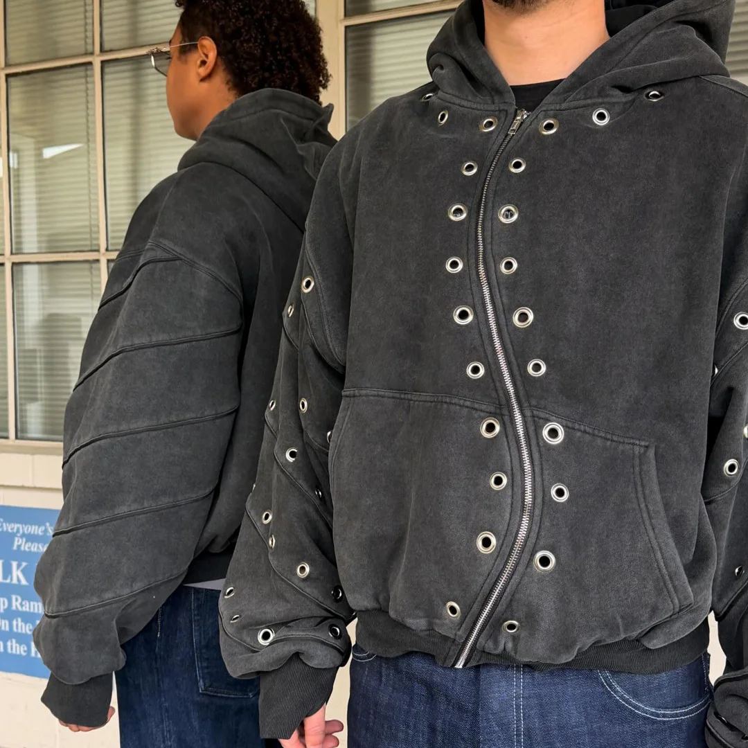 product custom vintage washed grey zip up men hoodie with cut panel topstitching eyelet hollow out detail streetwear odm oem private-2