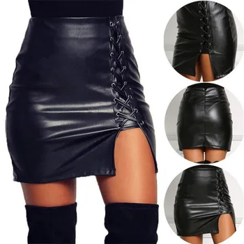 High waist PU leather skirts Elegant strap mini skirt streetwear BIG size short Skinny black Skirts