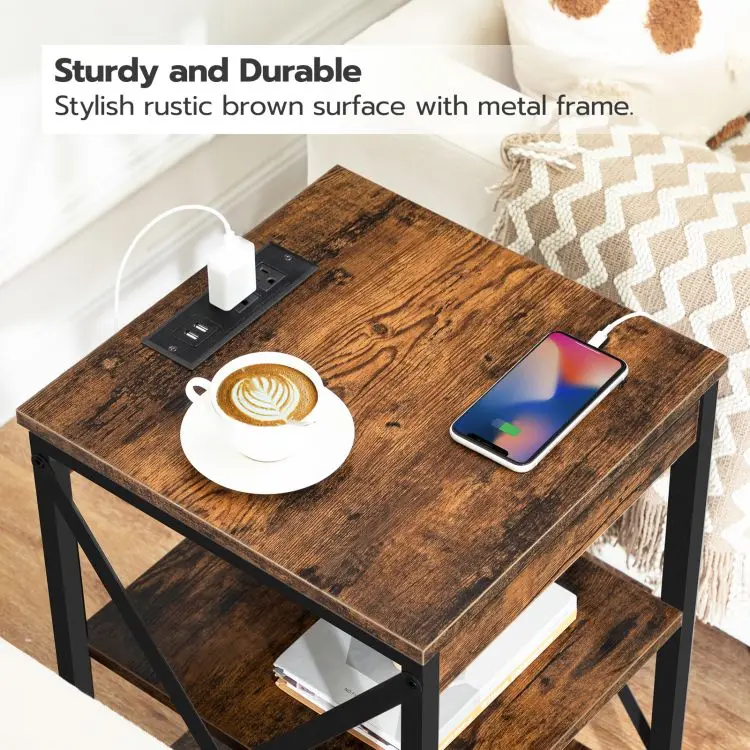 Wholesale Wooden Metal Rustic Mid Century Bedside Cabinet Nightstand Bed Living Room Coffee Side Table With Charging for Bedroom