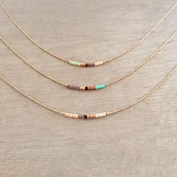 Boho Delicate Minimalist Necklace Jewelry Short Layering Rose Gold Dainty Colorful Beaded Necklace