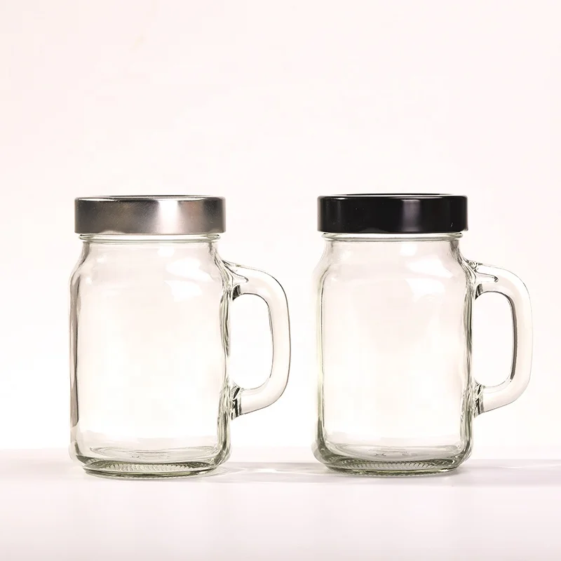 Factory Manufactured Wholesale Smooth Square Glass Mason Jar with Handle 500 ml 16oz