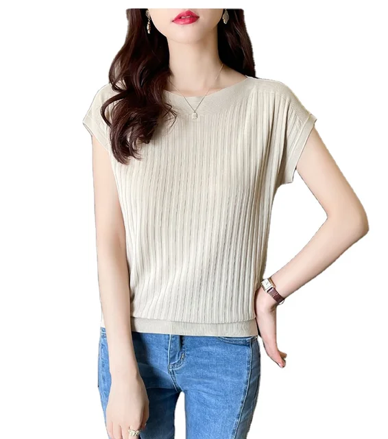 Women's New Gray Acrylic Knit Sweater with Loose Spot Ice Silk Light Slim One-Line Collar Short Casual Blouse for Spring Summer