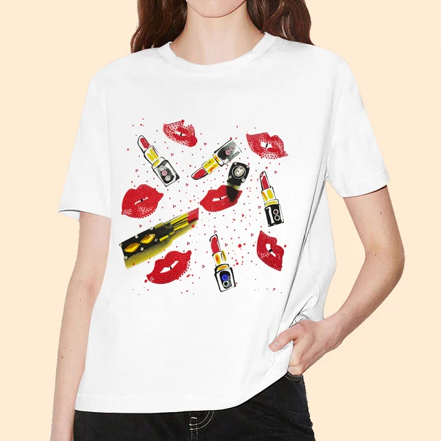 T-7581 Wholesale lipstick Print Women T-shirt Fashion Graphic Tees T-shirt Aesthetic Female Shirts