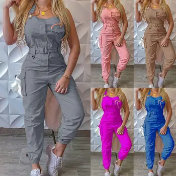 Women Fashion Summer Jumpsuit Solid Sleeveless Pockets Lady Plus Size Casual Overalls Jumpsuits