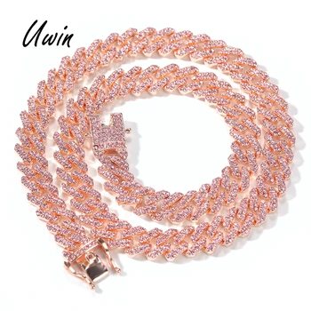 12mm Pink Cuban Chain Iced Out Rhinestone Zinc Alloy Rose Gold Plating Miami Cuban Link Chain Necklace Wholesale Jewelry