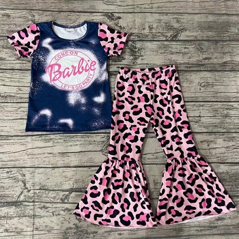 2021 New style bleached shirt match leopard bell bottom pants little girls two piece outfits kids clothing sets boutique