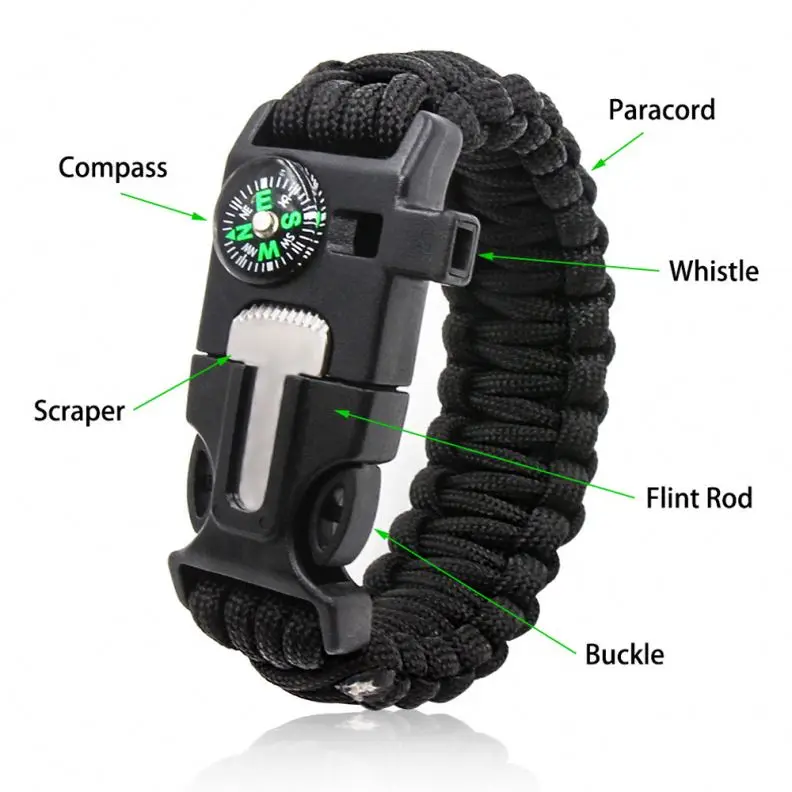 Portable Survival Paracord Bracelet w/ Flint Starter Buckle Scraper Whistle Kits 