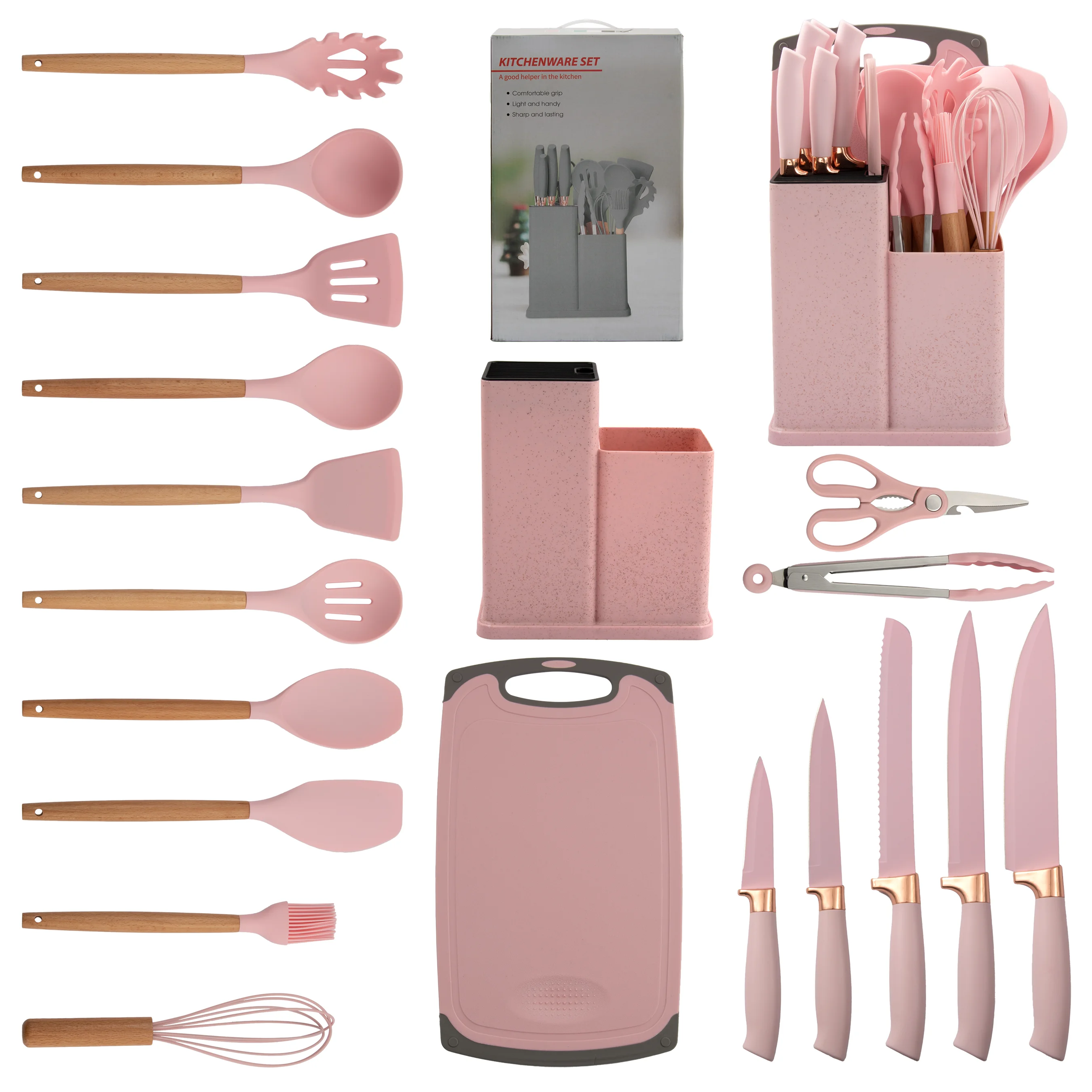 Dinnerware Sets 19 Piece Silicone Kitchen Utensil Set With Wooden Handle And Cuttings Board Storage Bucket Kitchen Gadget Set