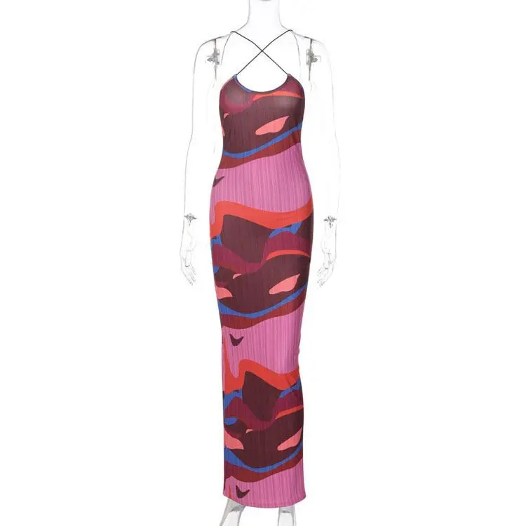 New Arrival Fashion Print A-line Sleeveless Dress Strappy Backless Long Dresses Women Sexy