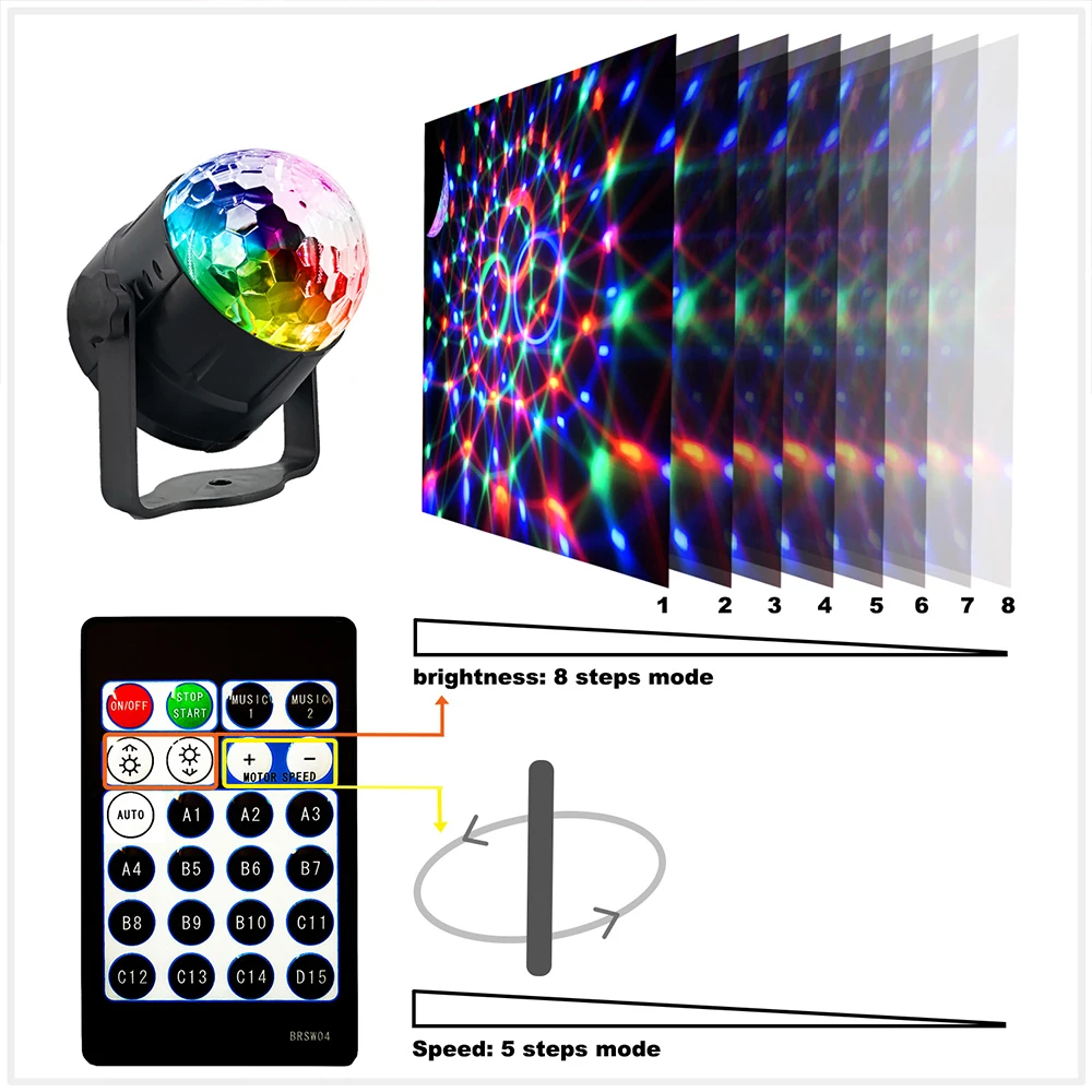 15 Color Small Magic Ball Stage Light LED Remote Control Mini RGB Party Boundi Flash Seven Color Rotating Projection Light