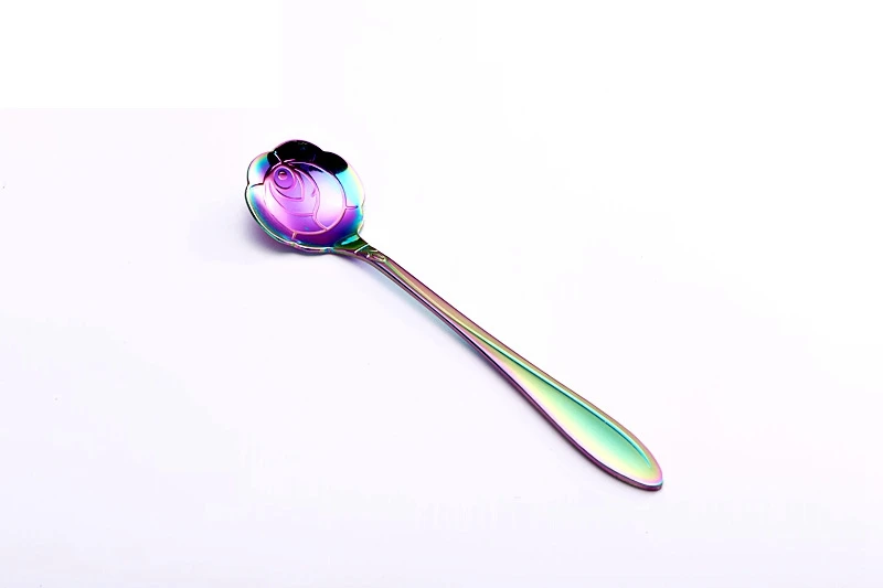 H9 Stainless Steel Gold Plating Colorful Cherry Blossoms Rose Flower Shaped Icecream Dessert Coffee Spoon