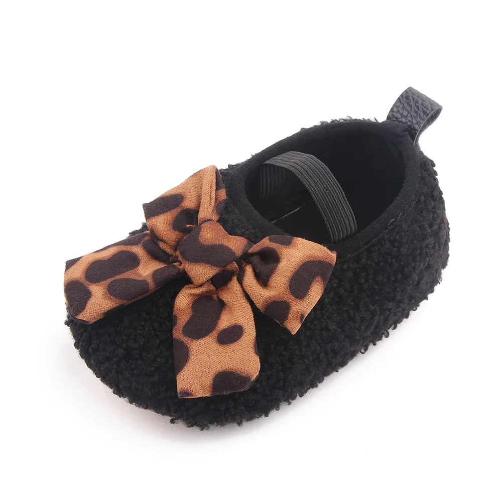 0-1 Year Old Infants Foot Set Solid Color Teddy Velvet Leopard Bow Baby Girls Cute Soft Soled Toddler Shoes manufacture