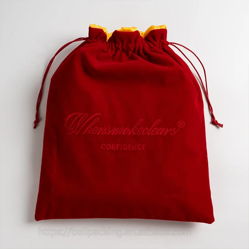 Custom Embroidery Logo Red Velvet Drawstring With Satin Lining Velour Cloth Packaging Bag