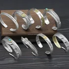 Turquoise Stone Vintage Style 925 Sterling Silver Turquoise Stone Smile Face Leaf Bangle Cuff