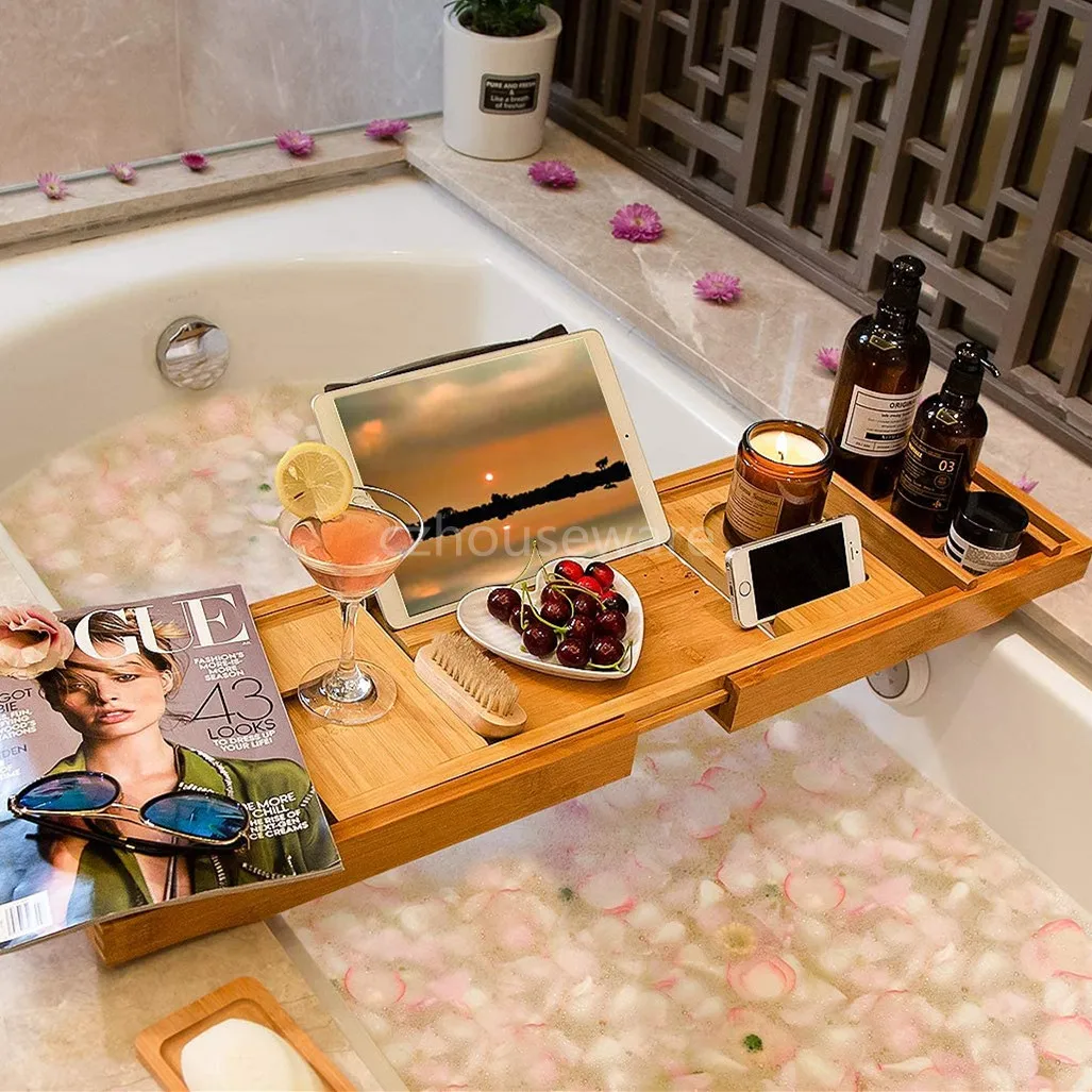 Luxury Bamboo Bathtub Caddy Expandable Shower Bath Tub Tray Organizer Holds Wine Glass Cup Books Cellphone Devices