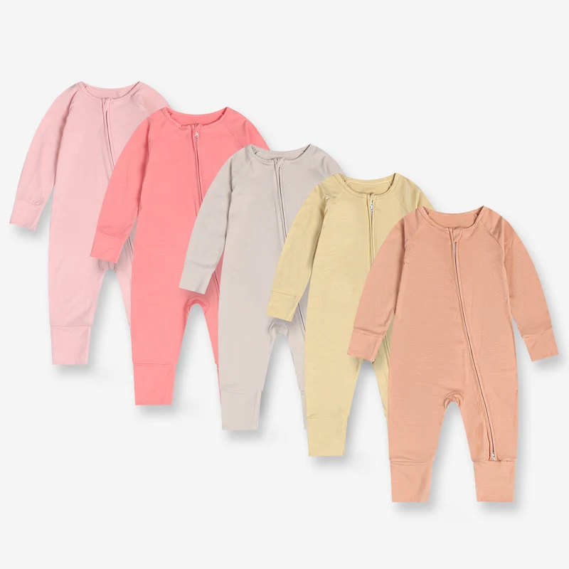 Newborn Baby Clothes Kids Clothing Natural Fabric Plain Solid Ruffle Long Sleeves 100% Bamboo Zipper Baby Pajamas