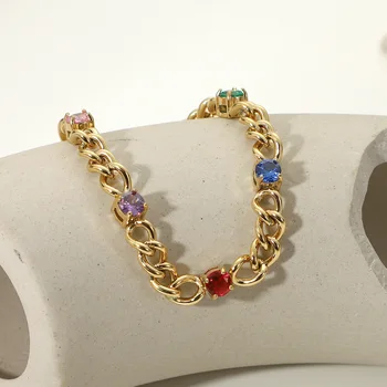 Aimgal Fine Jewelry Stainless steel 18K gold plated 4A Colored zircon spliced Cuban chain bracelet