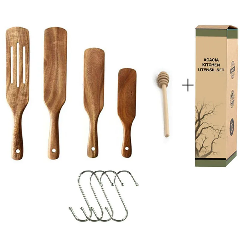 2021 Hot sell Acacia Teak Beech Bamboo Wood with holder Slotted Kitchen tools utensils Wooden Spurtles set