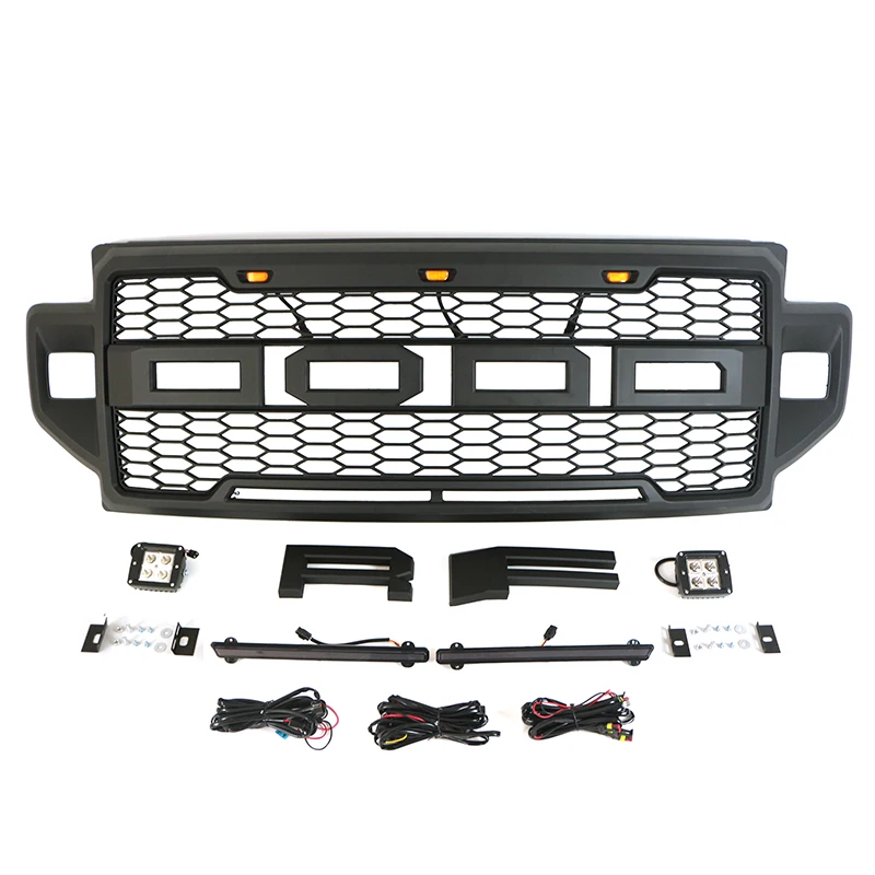 product 2022 new style front grille with three amber led  lights and cube lights with light bar fit for ford f250 350-58