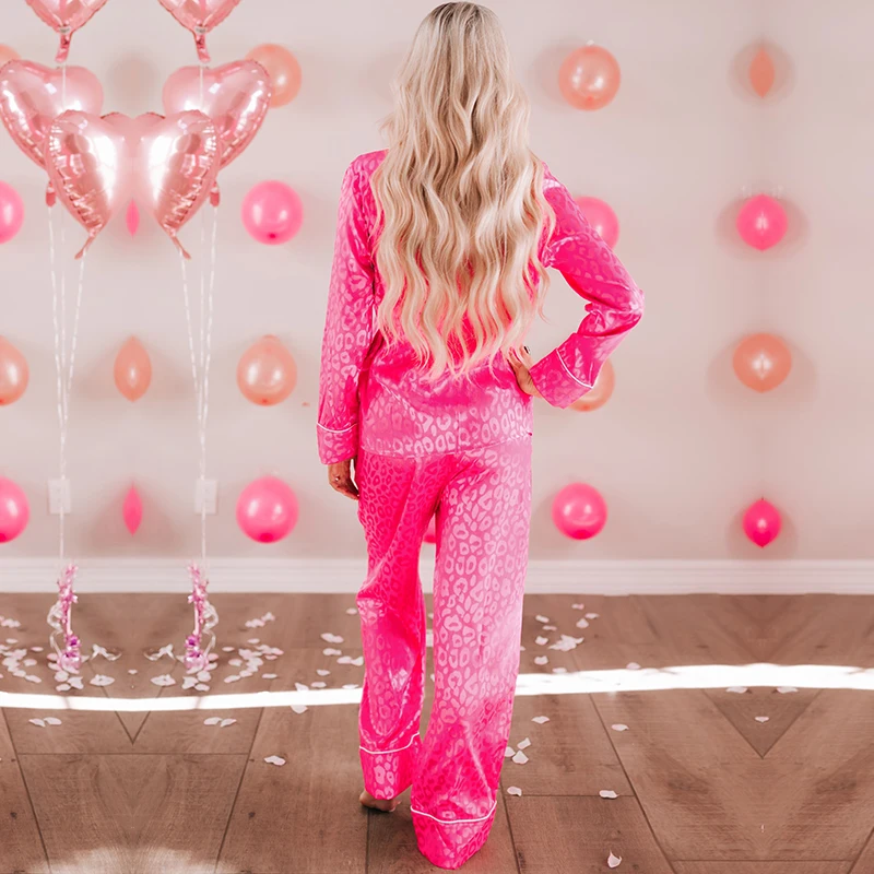 Dear-Lover High Quality Leopard Print Loungewear Set Satin Sleepwear Valentines Pajamas for Women
