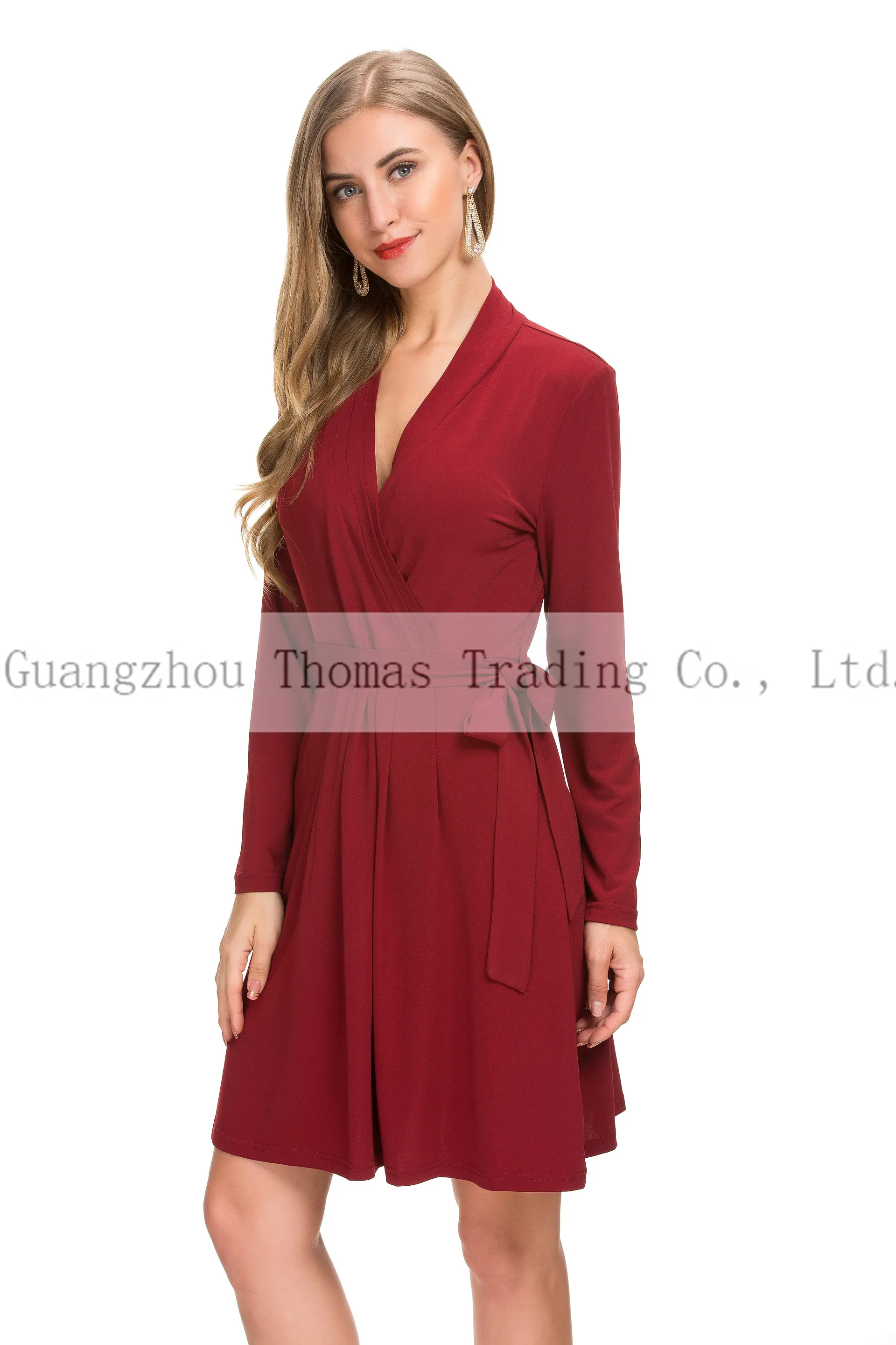 Hot Sell Women Fashion Clothes Elegant Casual Belted Faux Wrap Midi Dress
