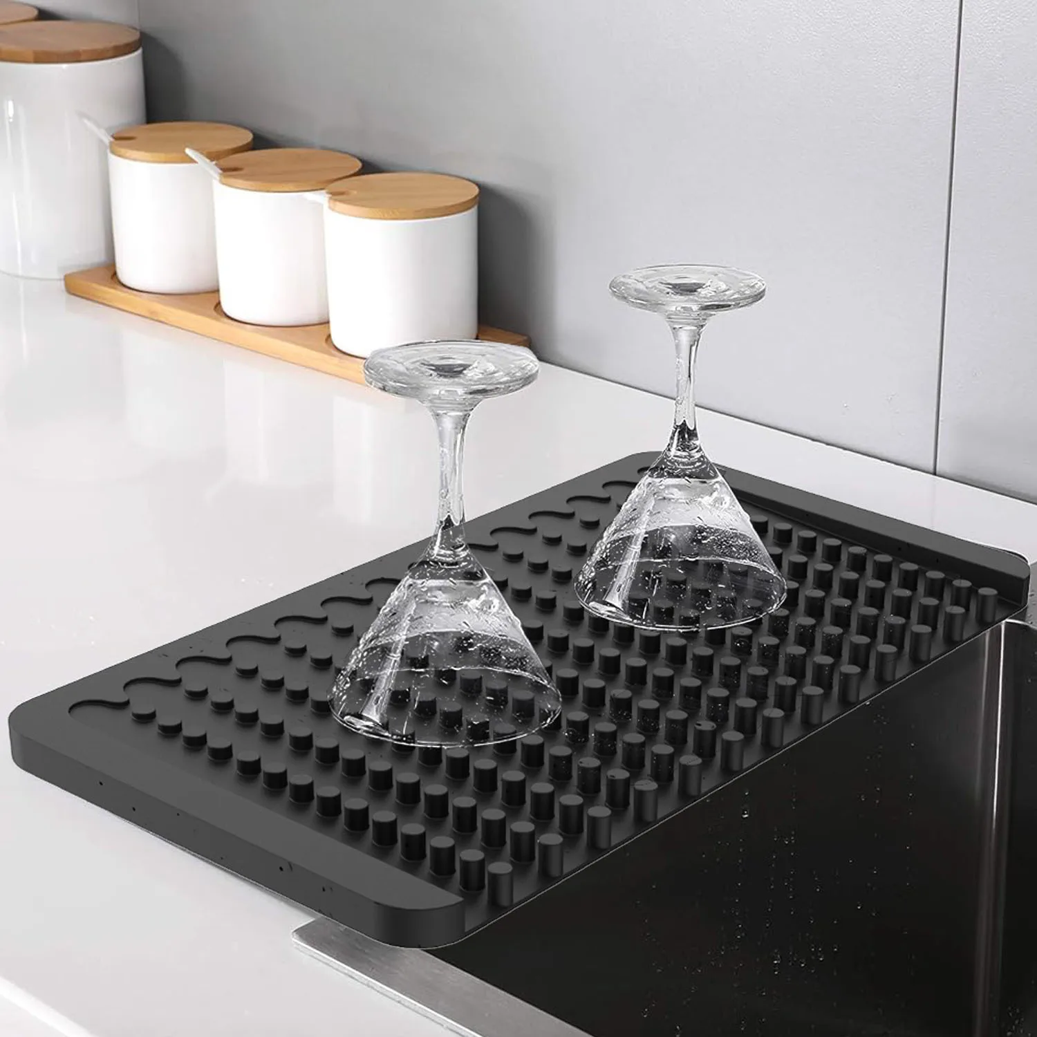 Modern Square Silicone Drain Pad Water Filter Mat Slope Diversion for Kitchen Counter Dishware Tableware Drying Stylish Counter details