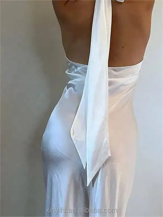 Custom Designer Fashion Clothing ;Lady Summer Elegant Modest Long Dresses Women Backless Halter Silk Skirt