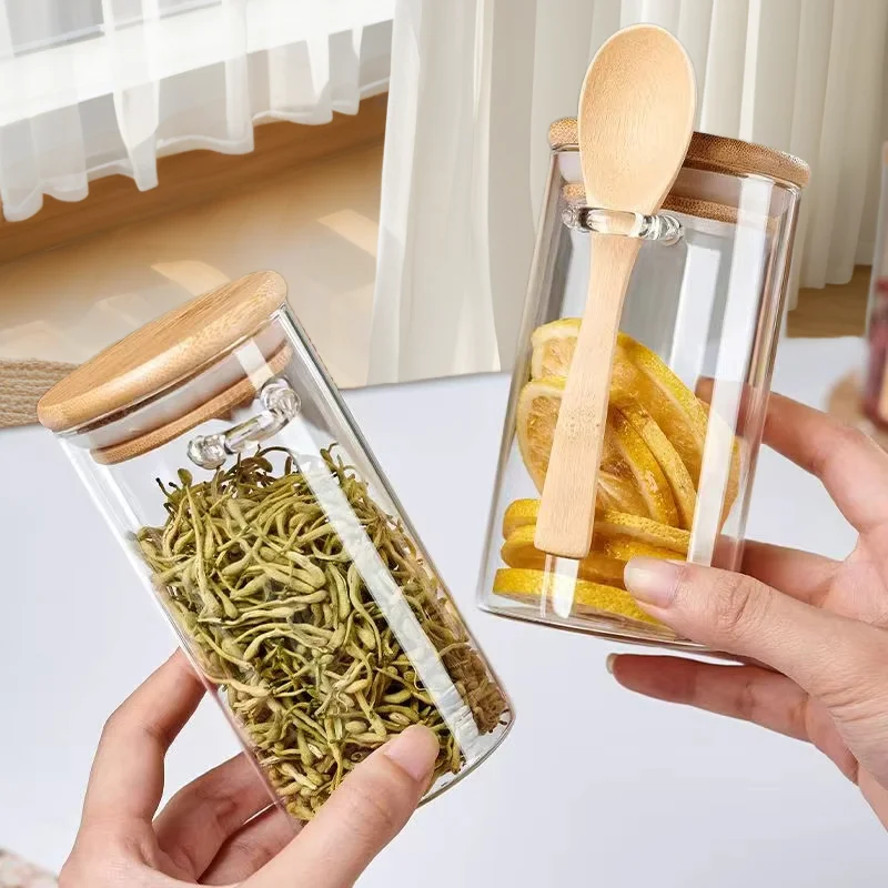 HOME 280ml Glass Multifunctional Kitchen Glass Food Container with Spoon Bamboo Lid Seal-for Spices Jars