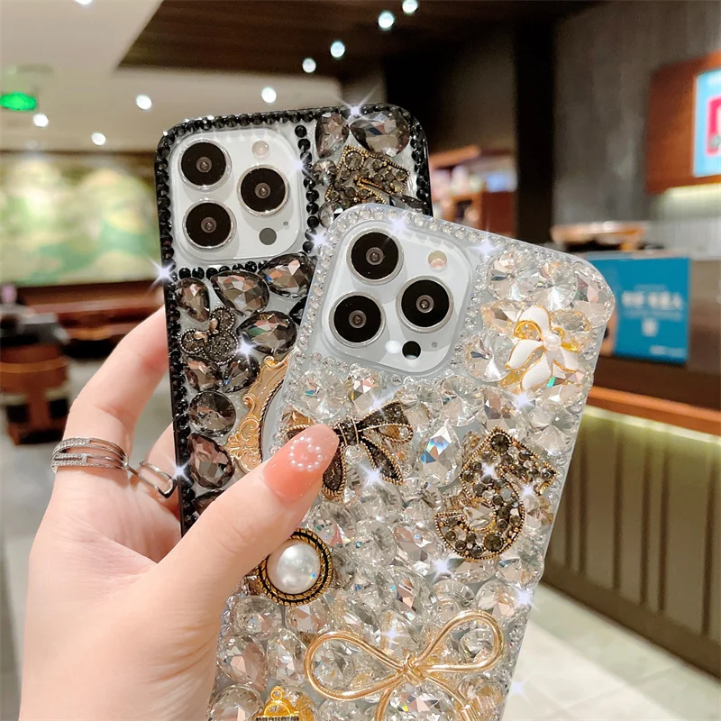 Luxury Bling Diamond Glitter Makeup Mirror Mobile Cover For iPhone 15 Pro Max 14 13 With Lanyard Rhinestone Case For Samsung S23