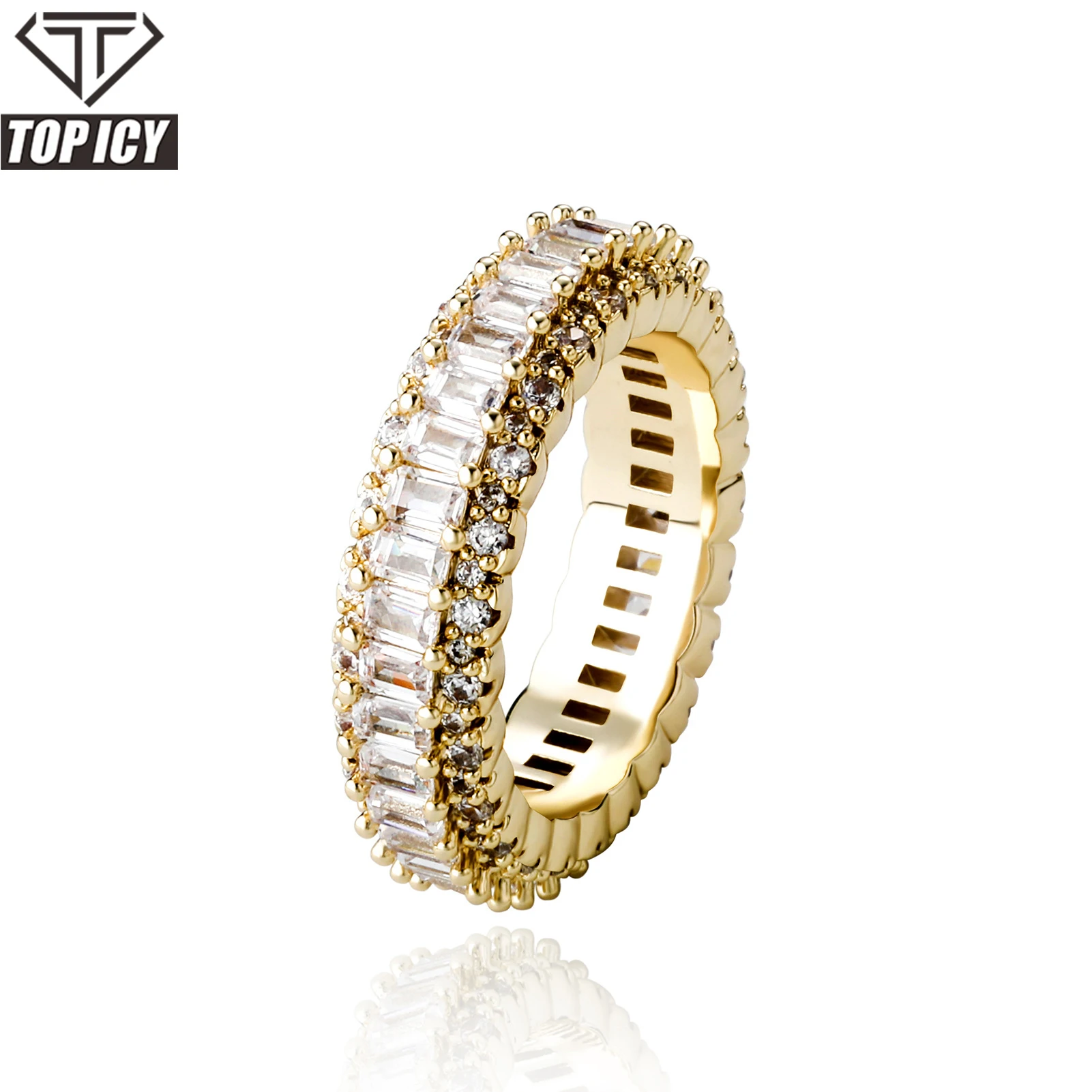 TOP ICY jewelry wholesale new brass cz  hip hop iced out gold plated White gold mens diamond iced out rings baguette cz ring