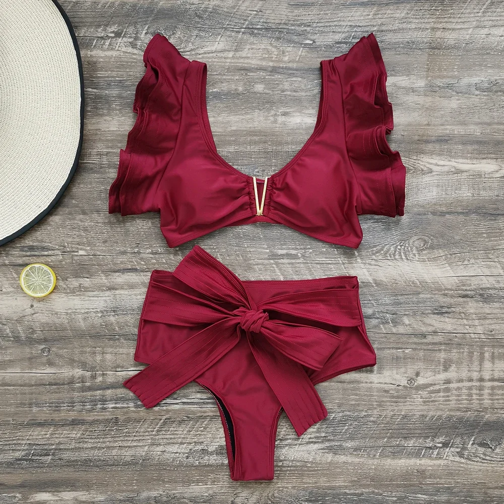 V Neck Two Pieces Bikini Sets Shoulder Ruffled Swimwear High Waist