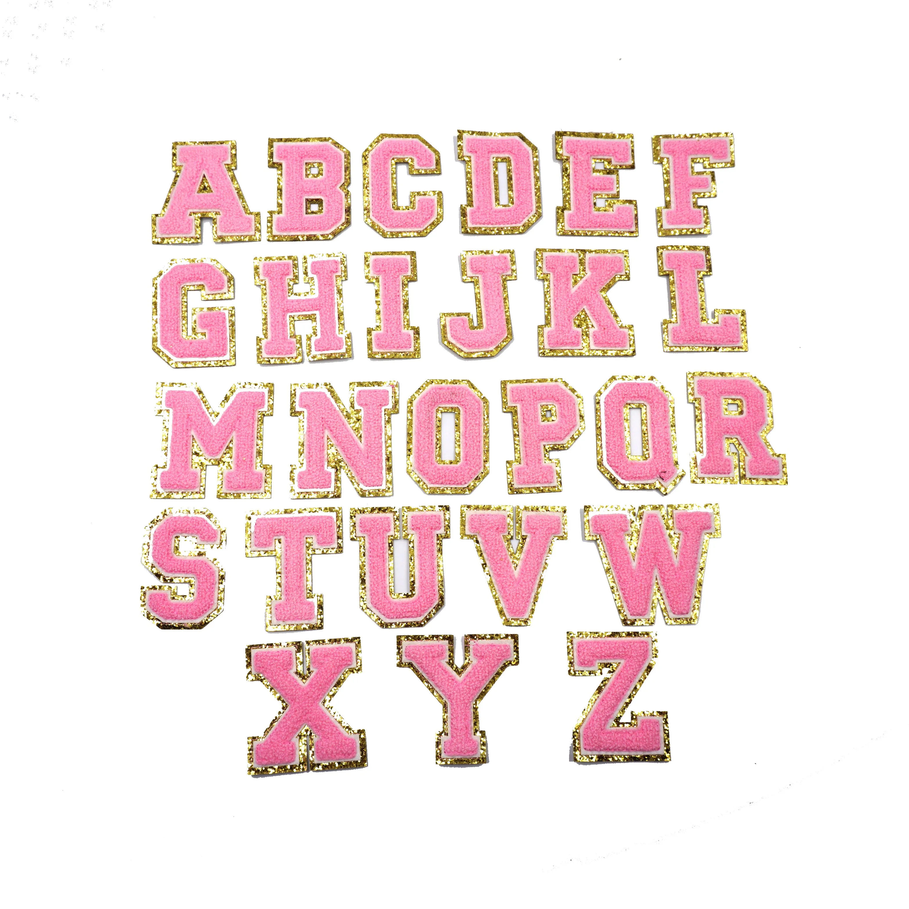Good quality letter iron on patches custom embroidery designer patches iron on pink letters for hats
