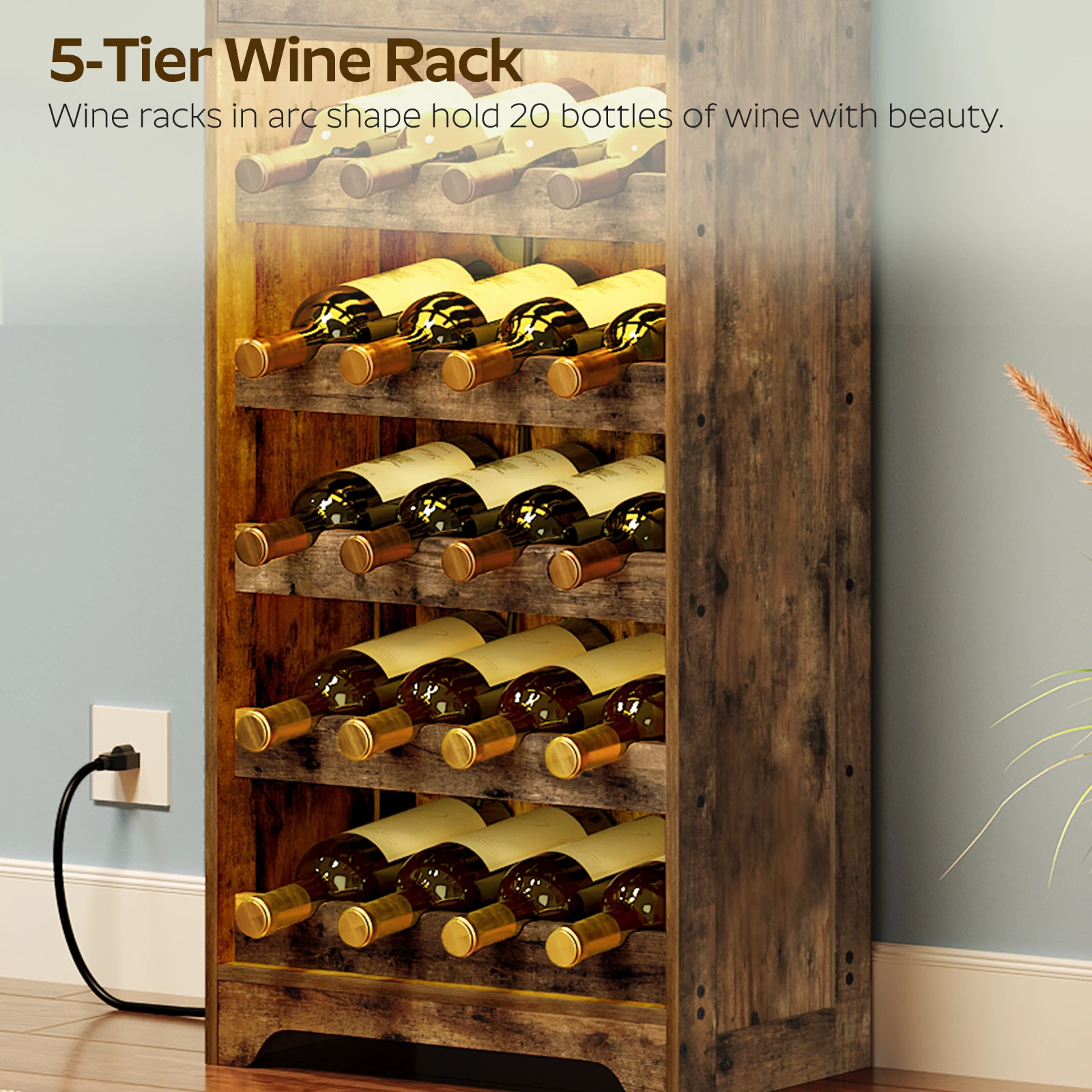 Wholesale Industrial Wood 4/5 Tier Shelves Wine Rack Bar Cabinet With Storage Charging Station for House Living Room Furniture