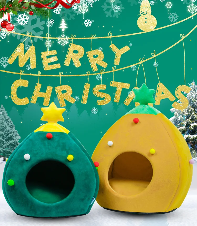 Merry Christmas Pet Supplies Winter Cat Tent High Quality Christmas Cartoon Tree Warming House with Mat Christmas Tree Gift Bed factory