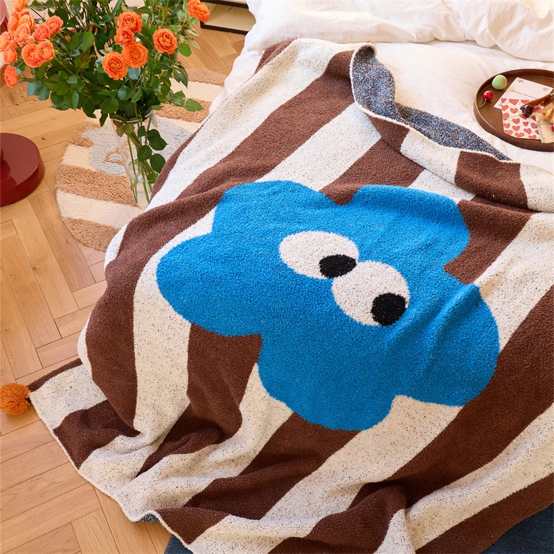 product new arrival polyester  cartoon blue flower vertical stripe jacquard knitted throw blanket  for office  home decoration ld-57