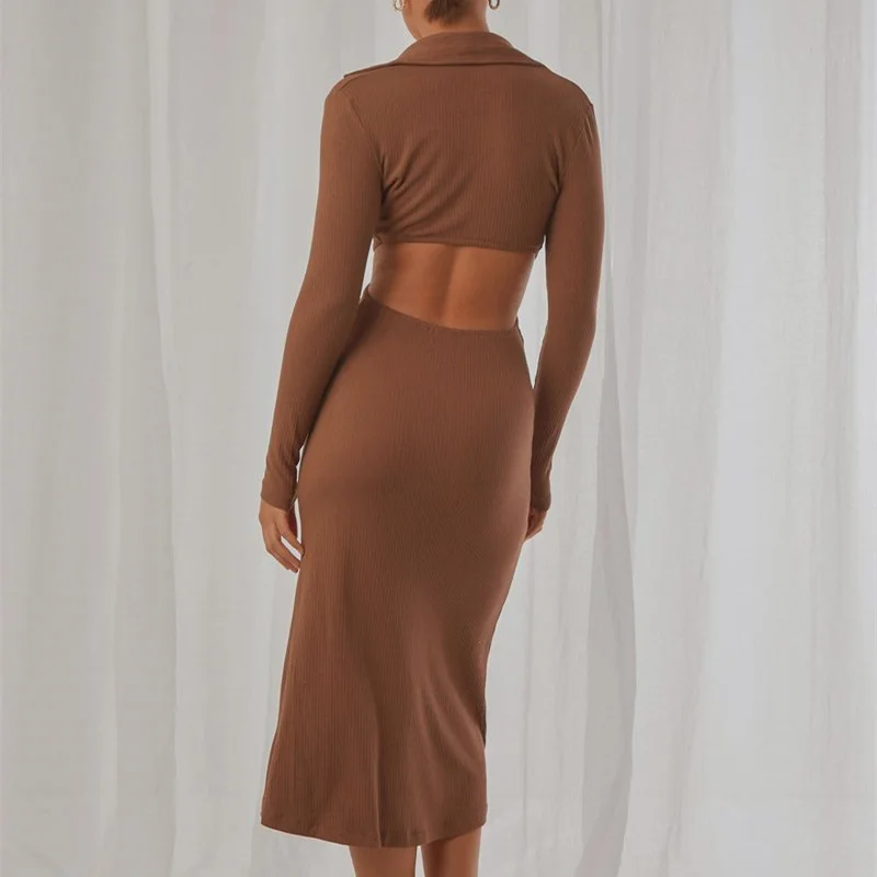Women's Cardigan Long Sleeve Button Up Back Hollow Out Long Dress Autumn  Brown Long Knitted Slit Dress Sexy Elegant Dresses