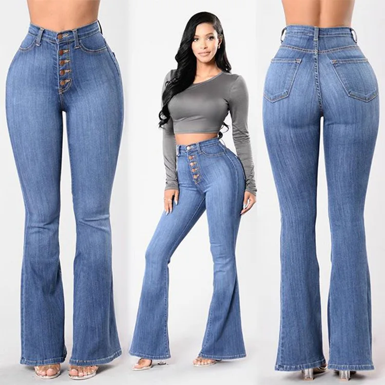 Blue Flare Skinny Jeans Women High Waist Buttons Denim Pants Trousers Full Length Butt Lifting Casual Jeans Plus Size Femme