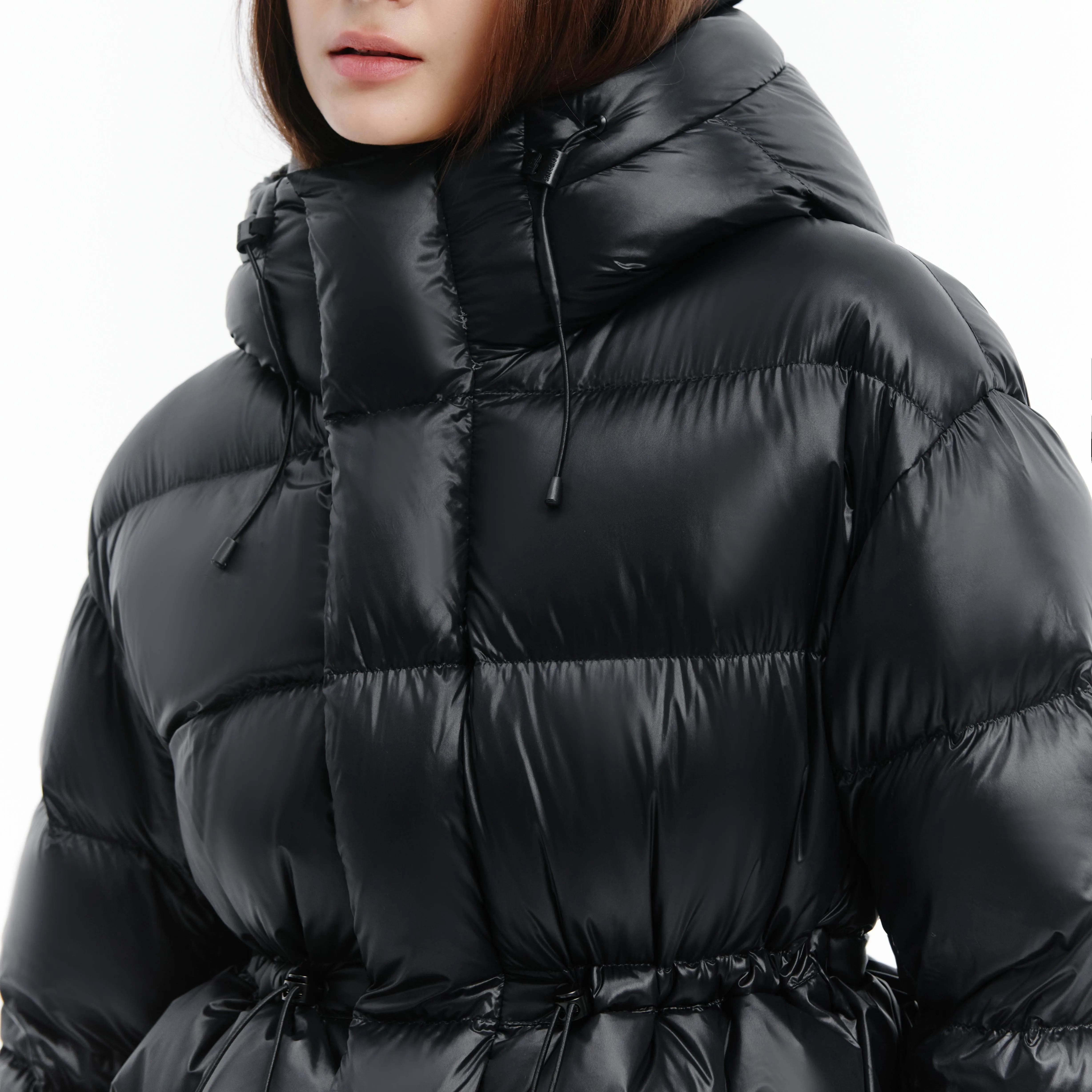 Women's Down Jacket Stand-up Collar Hooded Windproof Zipper Woven Loose for Winter Professional Supply High End Black Canvas