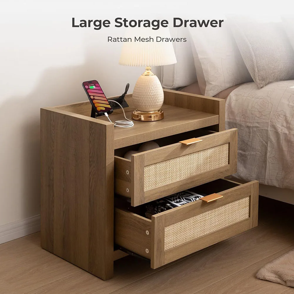 product modern nightstand type c charging station 2 drawers storage natural oak finish bedside night stand rattan bedroom furniture-6