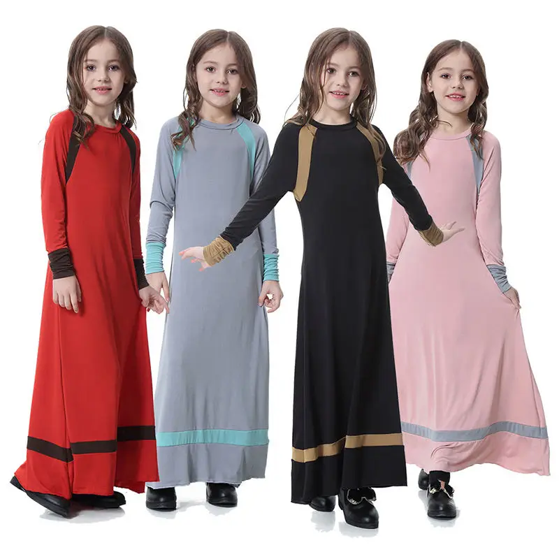 2022 Wholesale Qatar Dubai style Children baby Clothing Girls Dress Long Sleeves Solid Color Muslin Arab Colorful Girls Dress