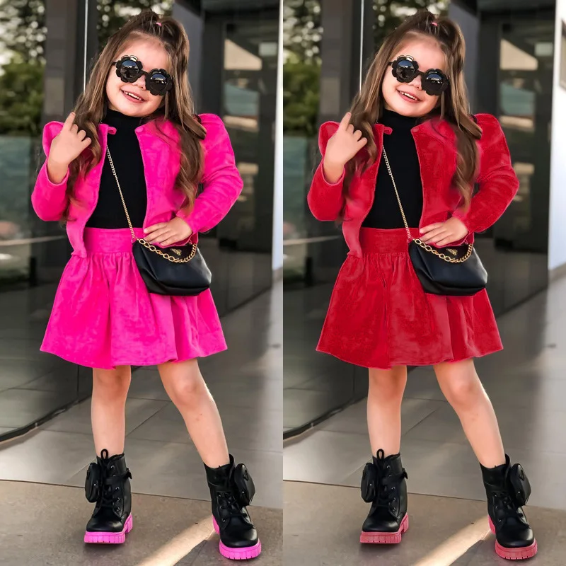2022 autumn new style girls dresses outfits fashion short coat tops+skirt boutique girls clothes baby clothing sets