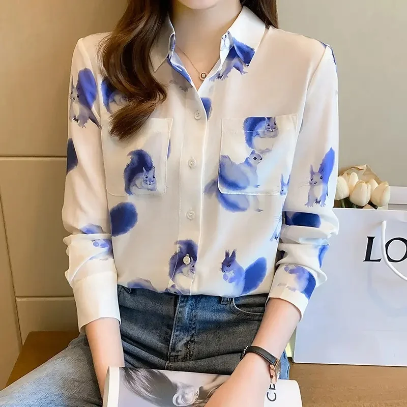 Autumn Women's Chiffon Blouses Vintage Printing Turn Down Collar Loose Shirts Long Sleeve Casual Office Tops Spring New