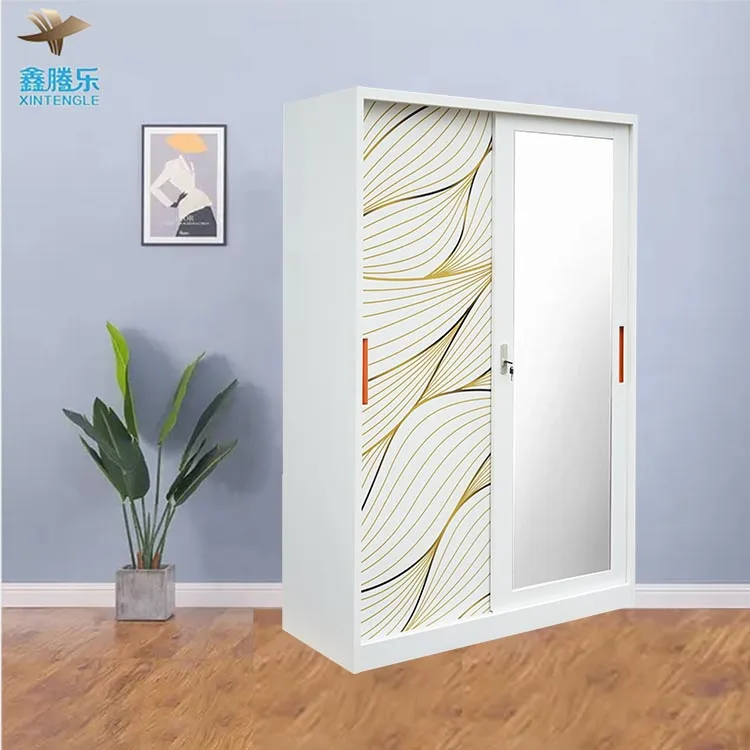 home clothes storage steel closet swing door metal wardrobes with customized printing image 2 door wardrobe Lemari Pakaian