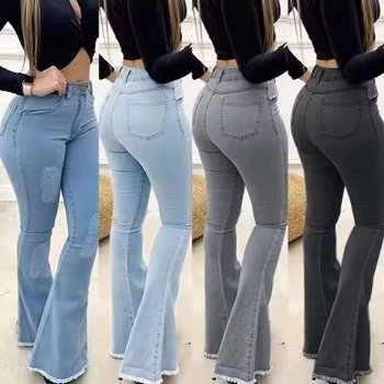 High quality customized women's mid waist wide leg worn-out jeans, casual printed jeans, embroidered hole design, sexy