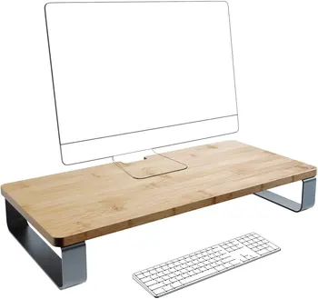 Natural Bamboo Wood Laptop Notebook Monitor Stand Metal Legs Screen Riser Desk