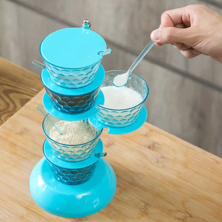 Hot Product Kitchen Accessories Seasoning Jar With Spoon 5 Layers Plastic Condiment Storage Jar Rotating Seasoning Box