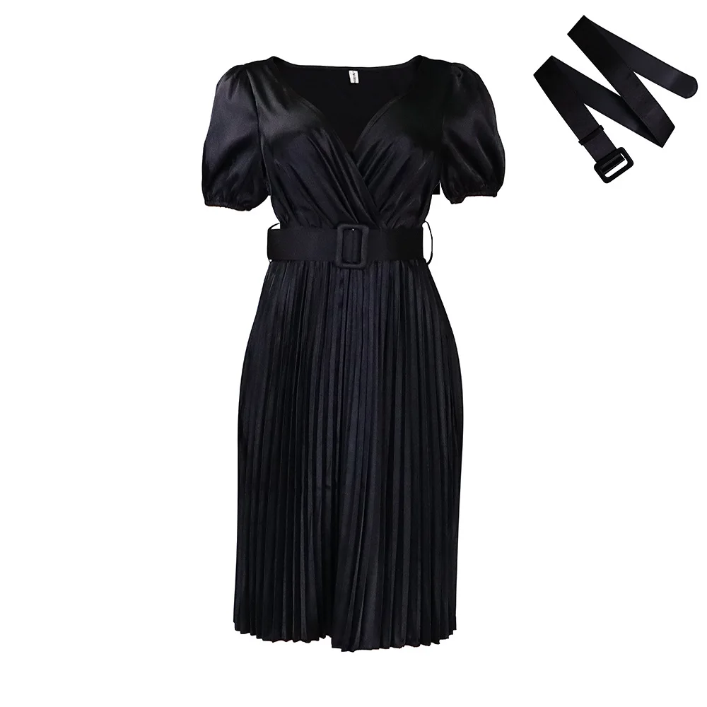 Summer new arrival fashion sexy V-neck solid color ruched dress short sleeve temperament party plus size dress women clothing