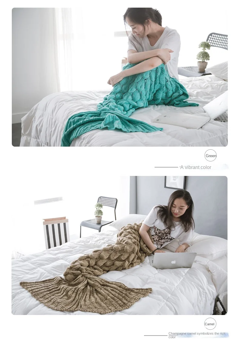 product hot selling warm and comfortable chunky soft little mermaid acrylic custom knitted throw blanket yl-60