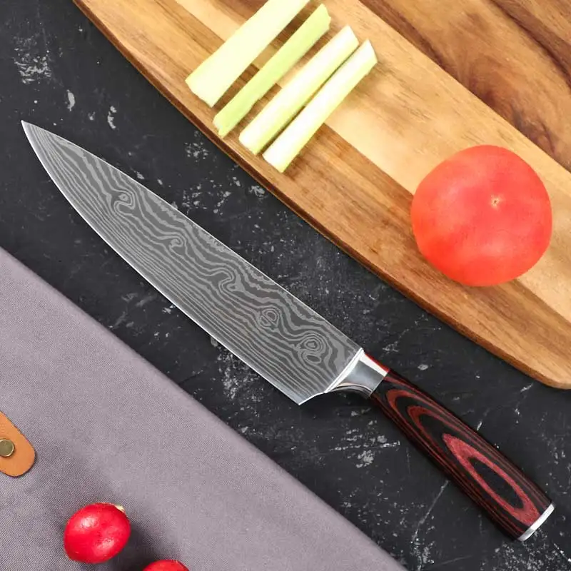 8 Inch Professional Steel Chef Knife Laser Pattern Stainless Steel Knife with Pakkawood Handle
